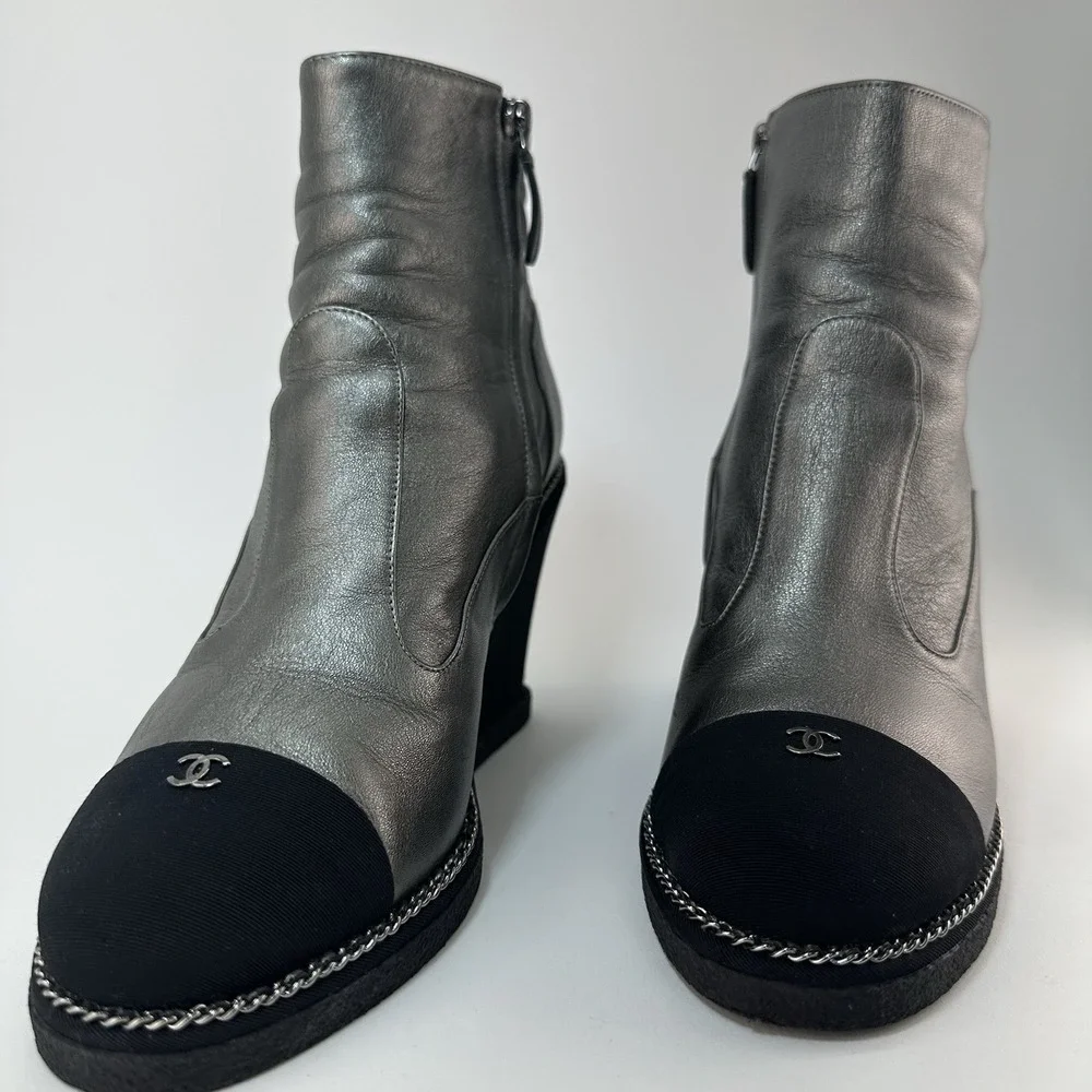 CHANEL Black Leather CC Logo Wedge Boots Size 37.5 Made In Italy
